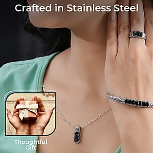 Thai Black Spinel Jewelry Set of Bangle Bracelet, 3 Stone Ring, Pendant and Stud Earrings, Stainless Steel Jewelry Set, Gifts For Her 9.00 ctw