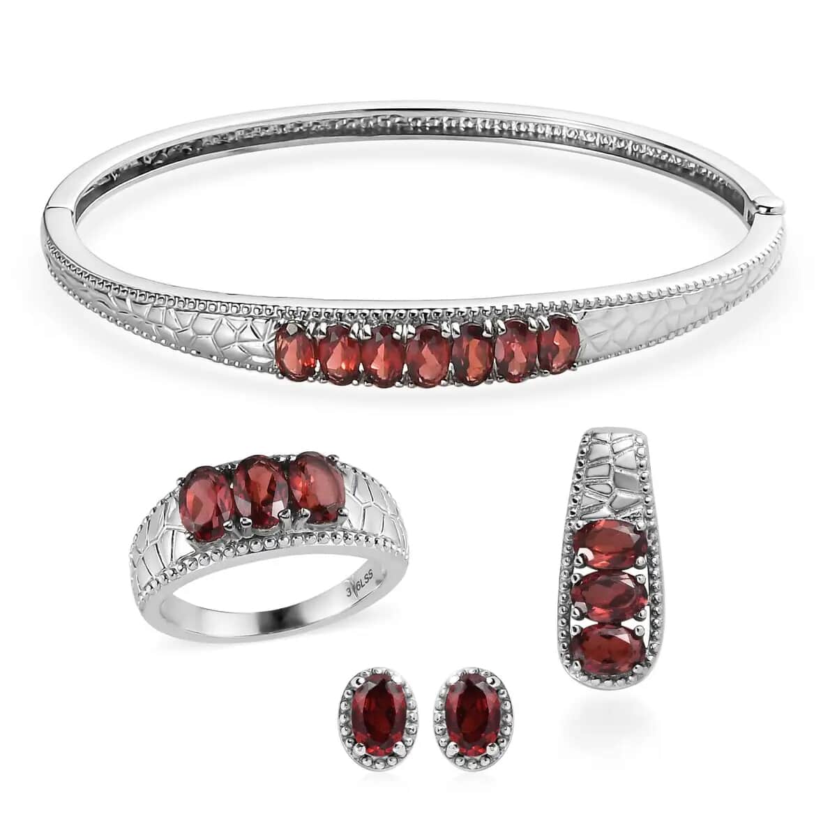 Mozambique Garnet Jewelry Set of Bangle Bracelet, 3 Stone Ring, Pendant and Stud Earrings, Stainless Steel Jewelry Set, Gifts For Her 8.25 ctw image number 0