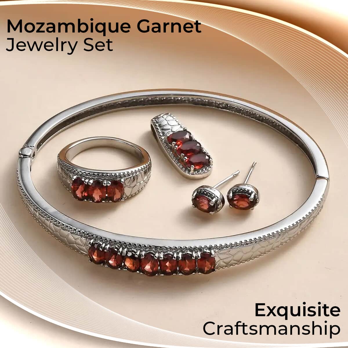 Mozambique Garnet Jewelry Set of Bangle Bracelet, 3 Stone Ring, Pendant and Stud Earrings, Stainless Steel Jewelry Set, Gifts For Her 8.25 ctw image number 1