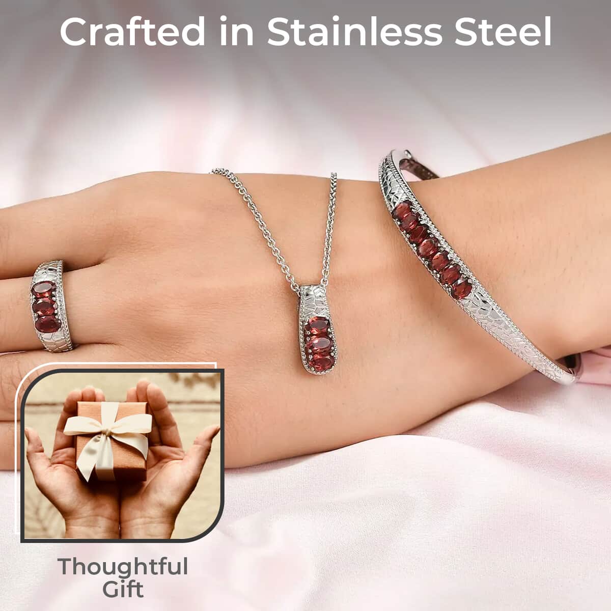 Mozambique Garnet Jewelry Set of Bangle Bracelet, 3 Stone Ring, Pendant and Stud Earrings, Stainless Steel Jewelry Set, Gifts For Her 8.25 ctw image number 6