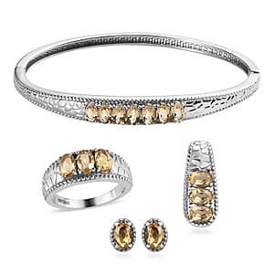 Brazilian Citrine Jewelry Set of Bangle Bracelet, 3 Stone Ring, Pendant and Stud Earrings, Stainless Steel Jewelry Set, Gifts For Her 6.40 ctw