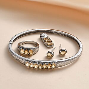 Brazilian Citrine Jewelry Set of Bangle Bracelet, 3 Stone Ring, Pendant and Stud Earrings, Stainless Steel Jewelry Set, Gifts For Her 6.40 ctw