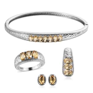 Brazilian Citrine 6.40 ctw Jewelry Set of Bangle Bracelet, 3 Stone Ring, Pendant and Stud Earrings, Stainless Steel Jewelry Set, Gifts For Her