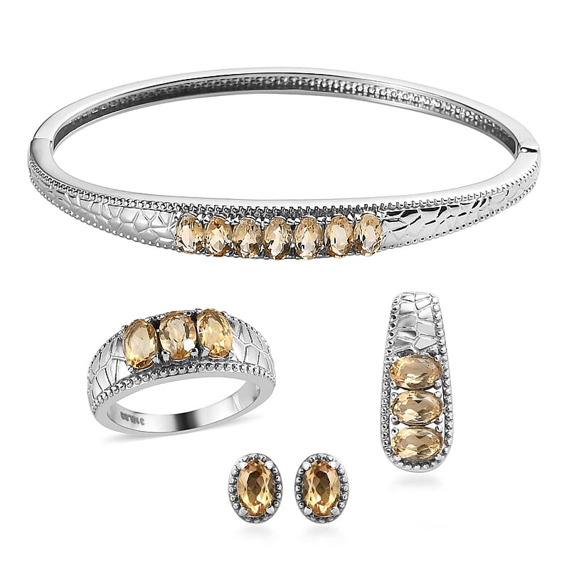 Brazilian Citrine 6.40 ctw Jewelry Set of Bangle Bracelet, 3 Stone Ring, Pendant and Stud Earrings, Stainless Steel Jewelry Set, Gifts For Her
