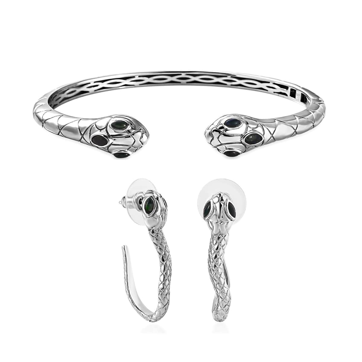 Karis Sable Ethiopian Welo Opal (D) 0.60 ctw Snake Cuff Bracelet (7.25 In) and Earrings in Platinum Bond image number 0