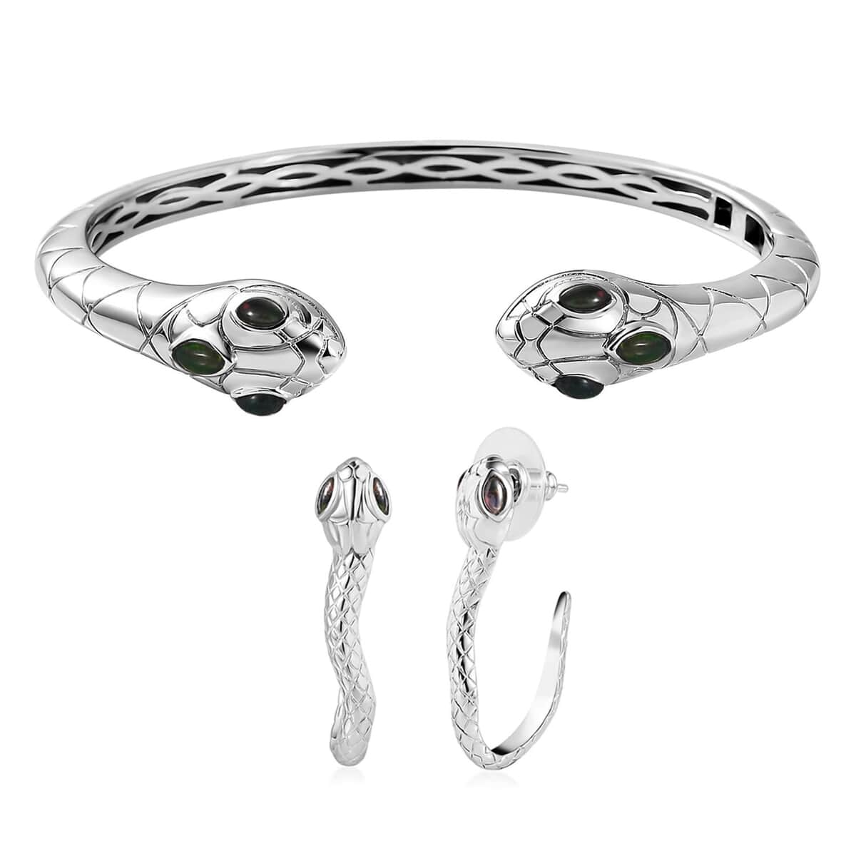 Karis Sable Ethiopian Welo Opal (D) 0.60 ctw Snake Cuff Bracelet (8.00 In) and Earrings in Platinum Bond image number 0