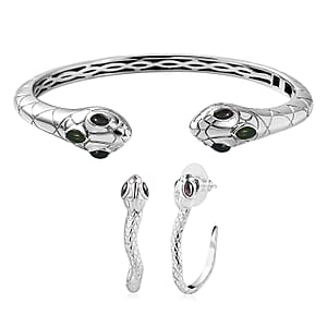 Karis Sable Ethiopian Welo Opal (D) 0.60 ctw Snake Cuff Bracelet (8.00 In) and Earrings in Platinum Bond