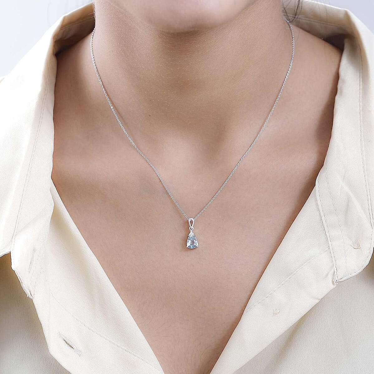 Premium Mangoro Aquamarine and White Zircon Drop Pendant Necklace 20 Inches in Platinum Over Sterling Silver 0.90 ctw image number 2