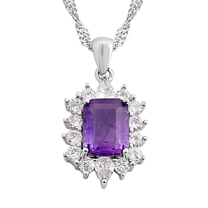 Amethyst and Simulated Diamond 1.75 ctw Pendant Necklace in Silvertone 18 Inches
