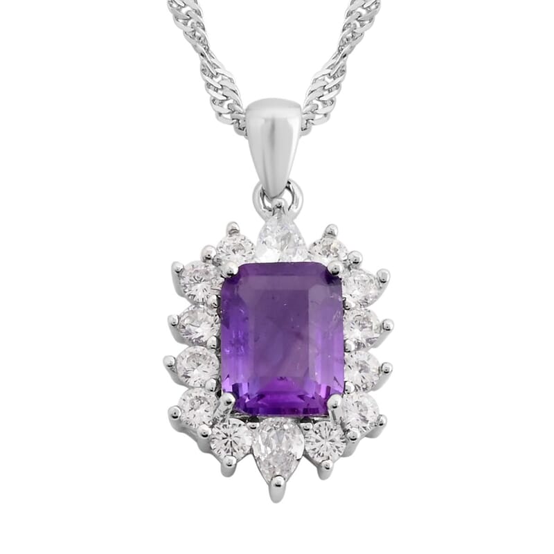 Amethyst and Simulated Diamond 1.75 ctw Pendant Necklace in Silvertone 18 Inches
