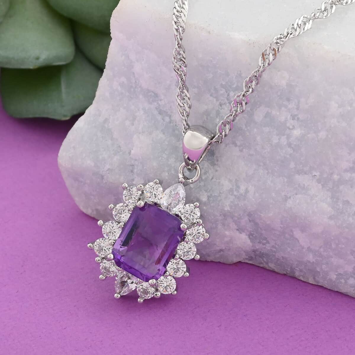 Amethyst and Simulated Diamond Pendant Necklace 18 Inches in Silvertone 1.75 ctw image number 1