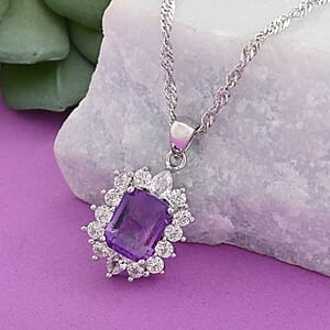 Amethyst and Simulated Diamond 1.75 ctw Pendant Necklace in Silvertone 18 Inches