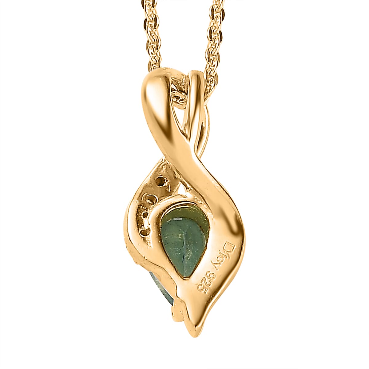 Ethiopian Emerald and White Zircon Pendant Necklace 20 Inches in Vermeil Yellow Gold Over Sterling Silver 0.40 ctw