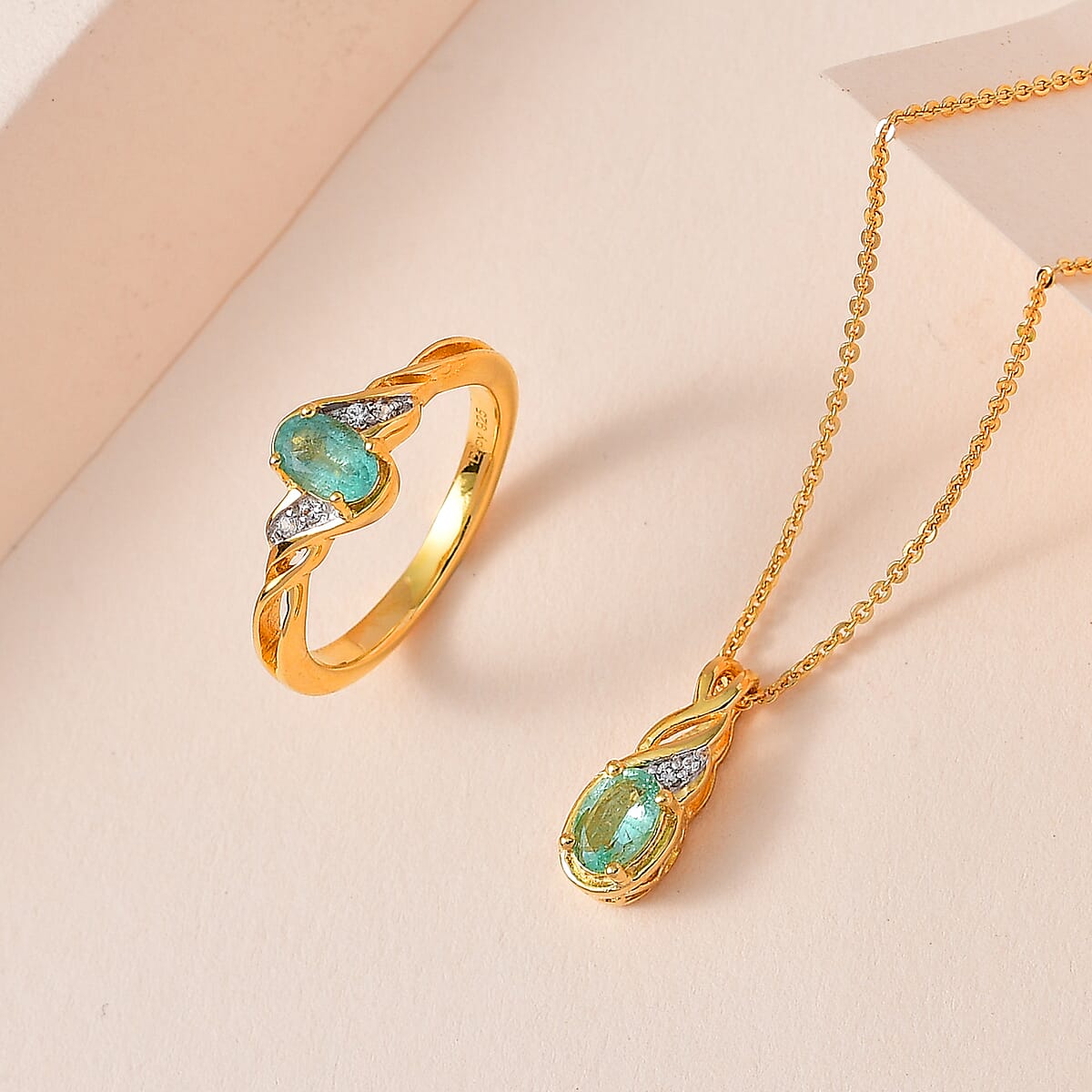 Ethiopian Emerald, White Zircon Ring (Size 8.0) and Pendant Necklace 20 Inches in Vermeil Yellow Gold Over Sterling Silver 0.90 ctw image number 1