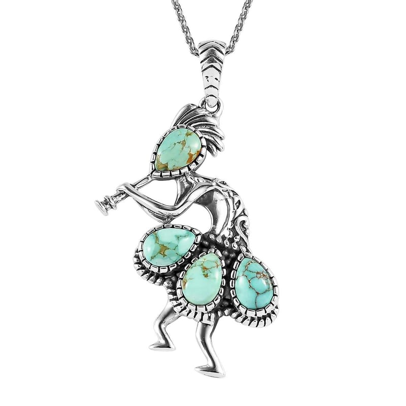 Artisan Crafted Royston Turquoise Kokopelli Pendant Necklace 20 Inches in Platinum Over Sterling Silver 1.85 ctw