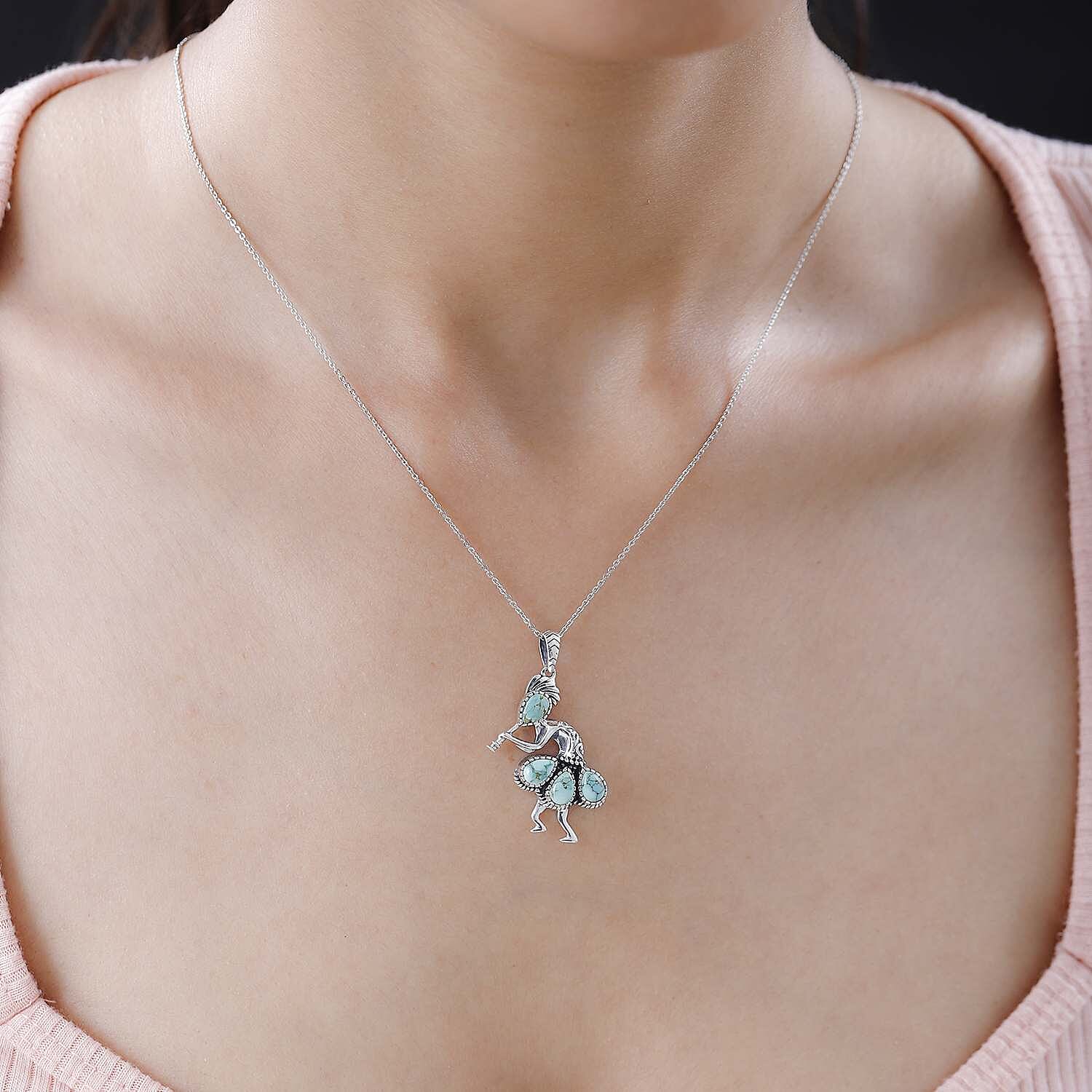 Artisan Crafted Royston Turquoise Kokopelli Pendant Necklace 20 Inches in Platinum Over Sterling Silver 1.85 ctw