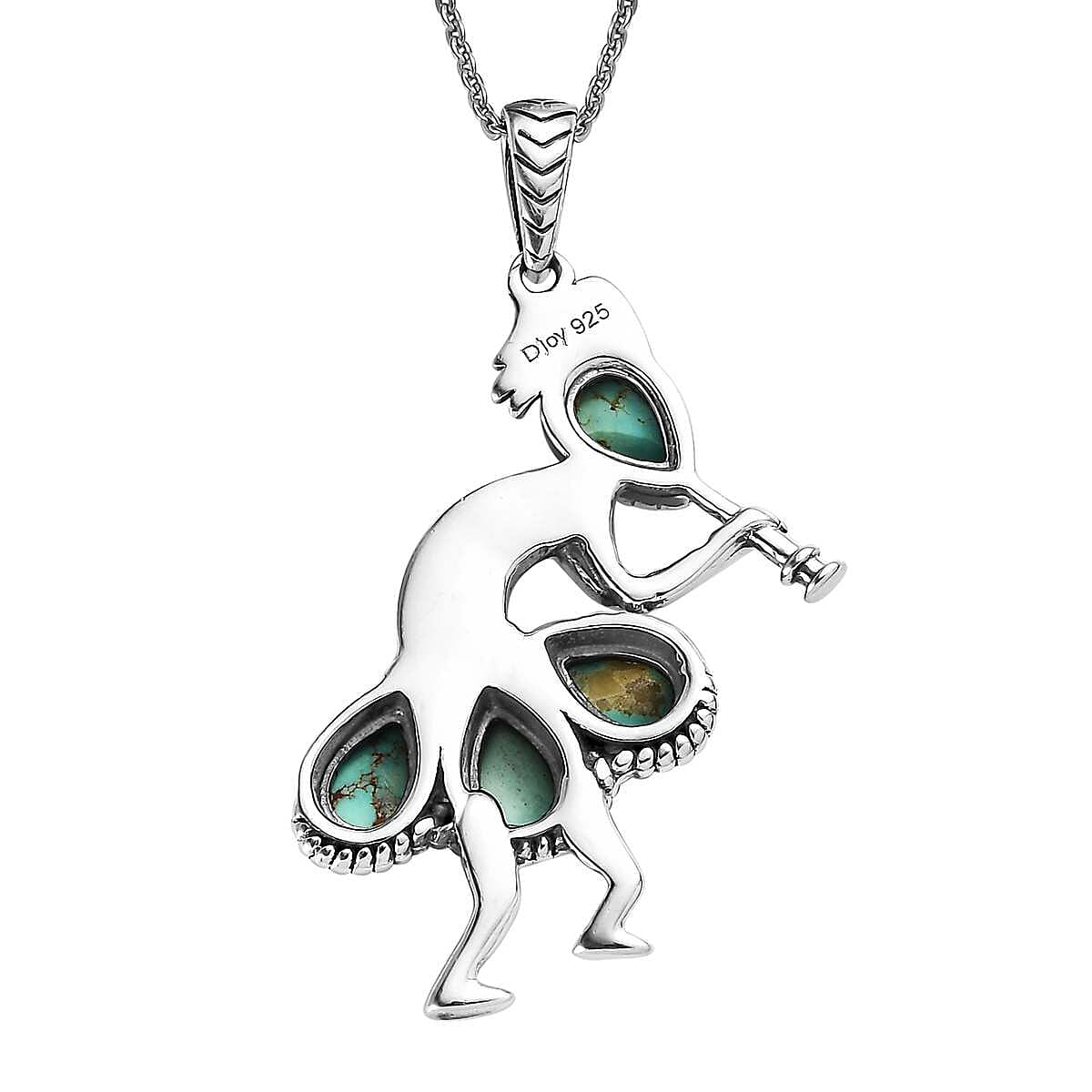Artisan Crafted Royston Turquoise Kokopelli Pendant Necklace 20 Inches in Platinum Over Sterling Silver 1.85 ctw