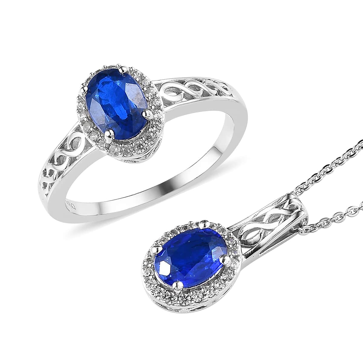 Tanzanian Blue Spinel (DF) and White Zircon Ring and Pendant Necklace 20 Inches in Platinum Over Sterling Silver 2.10 ctw image number 0