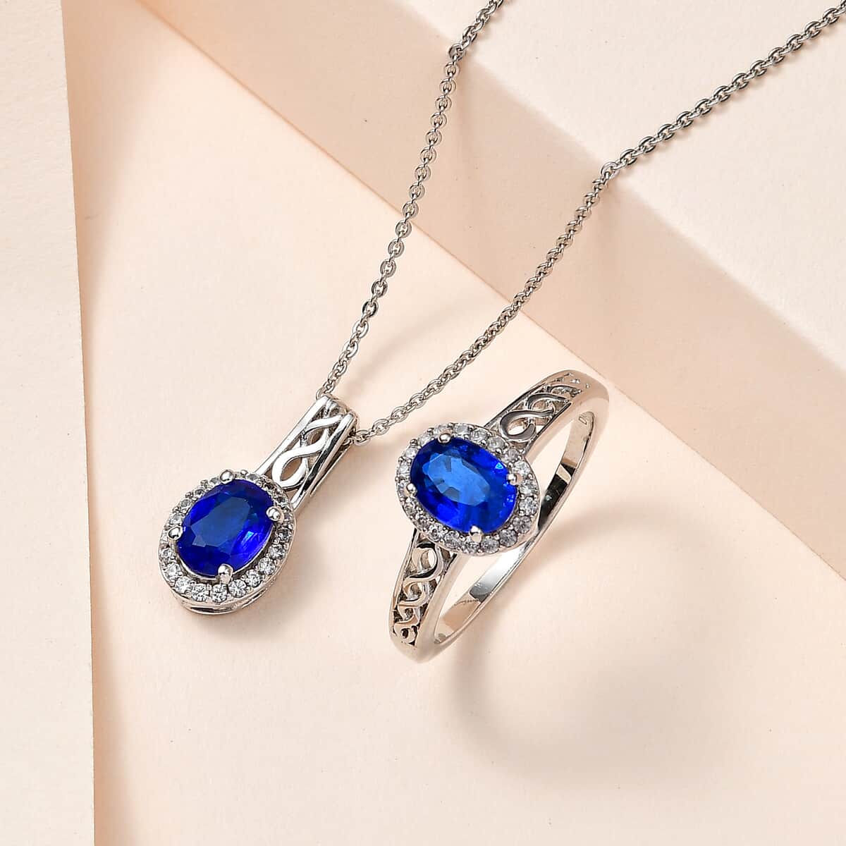 Tanzanian Blue Spinel (DF) and White Zircon Ring and Pendant Necklace 20 Inches in Platinum Over Sterling Silver 2.10 ctw image number 1