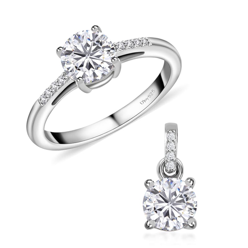 100 Facet Moissanite 1.65 ctw Ring (Size 5.0) and Pendant without Chain in Platinum Over Sterling Silver