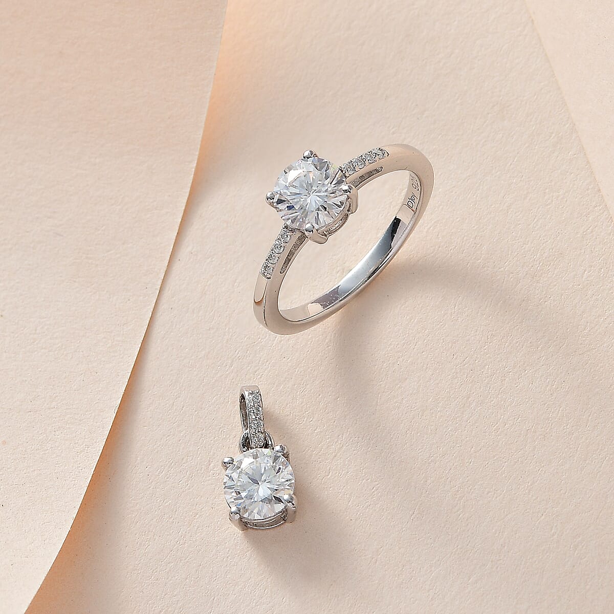 100 Facet Moissanite 1.65 ctw Ring (Size 10.0) and Pendant without Chain in Platinum Over Sterling Silver image number 1