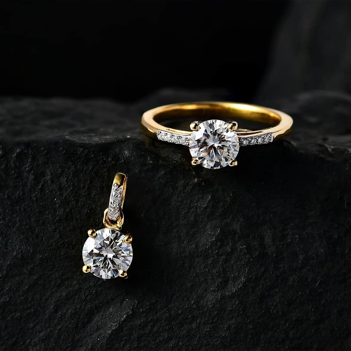 100 Facet Moissanite Ring (Size 10.0) and Pendant in Vermeil Yellow Gold Over Sterling Silver 1.50 ctw image number 1