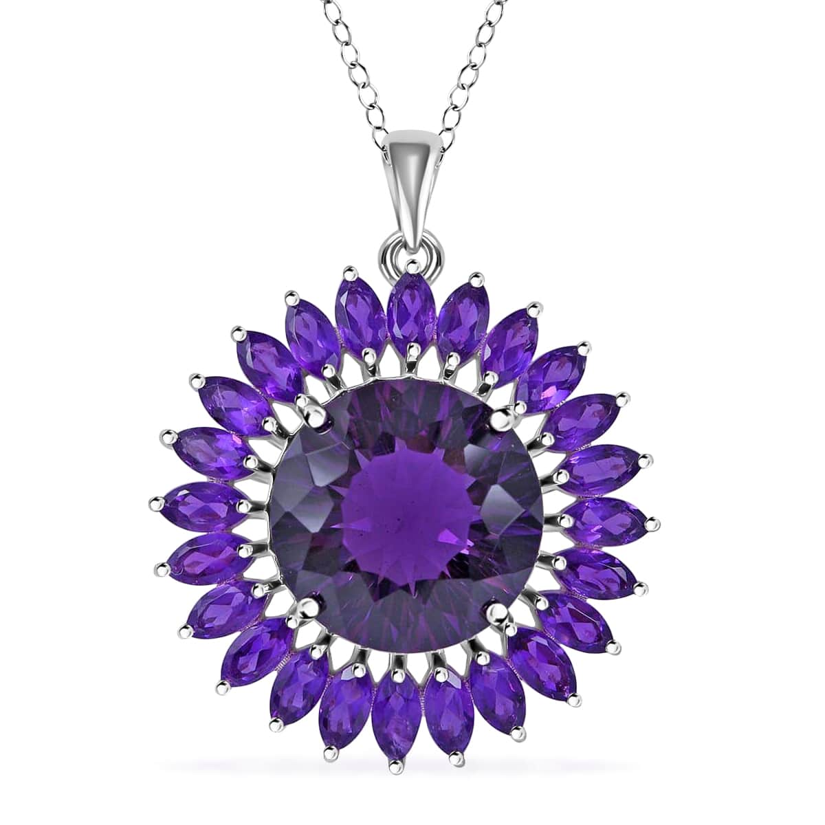 120 Facets African Amethyst Sunflower Pendant Necklace, 18 Inch Necklace in Platinum Over Sterling Silver, Amethyst Jewelry For Women 13.40 ctw image number 0