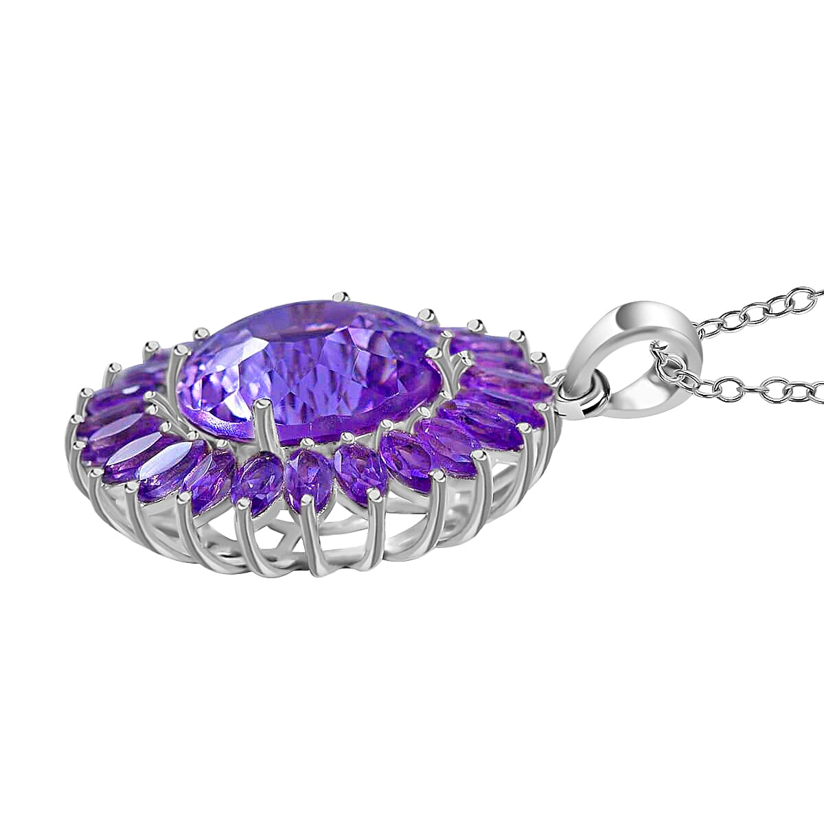 120 Facets African Amethyst Sunflower Pendant Necklace, 18 Inch Necklace in Platinum Over Sterling Silver, Amethyst Jewelry For Women 13.40 ctw