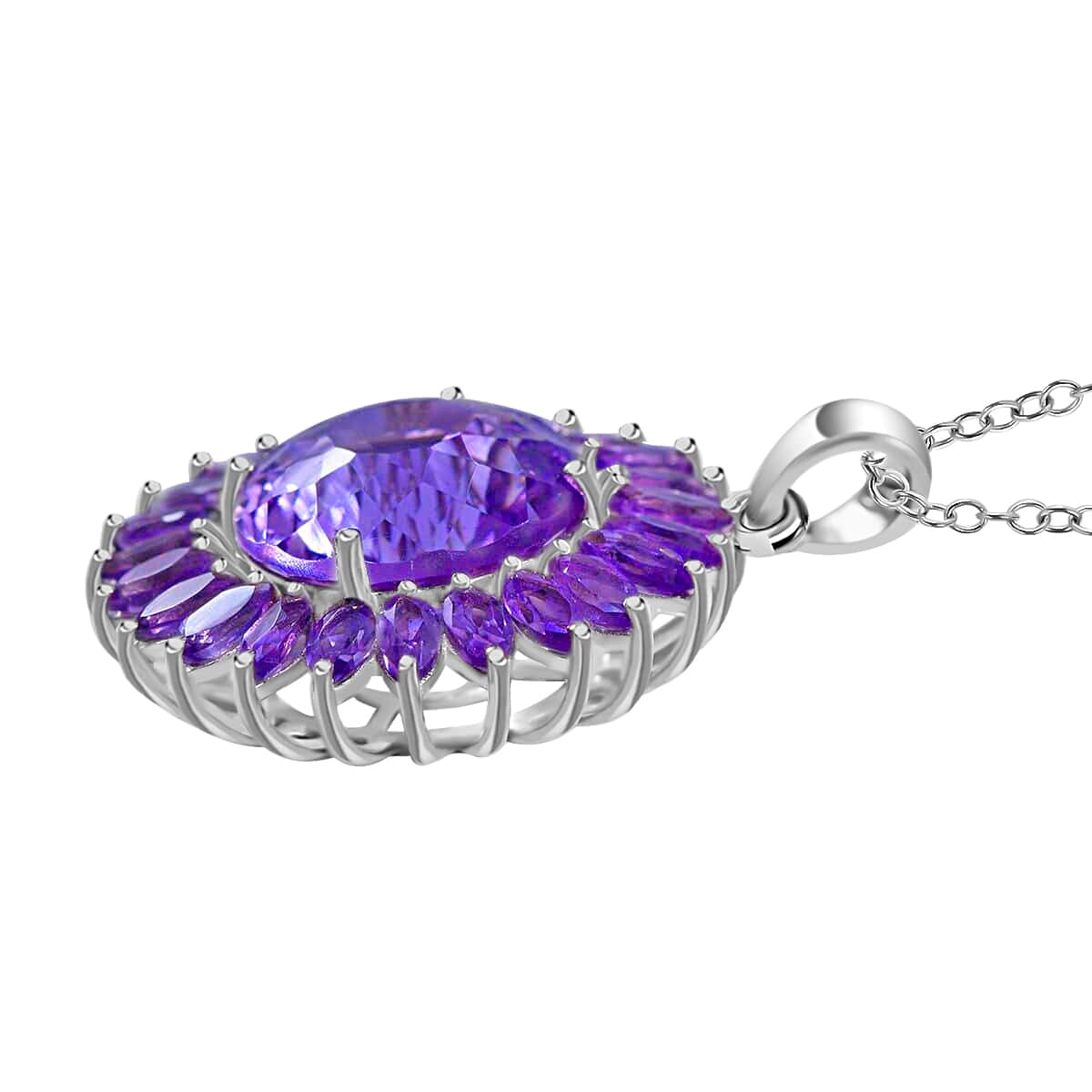 120 Facets African Amethyst Sunflower Pendant Necklace, 18 Inch Necklace in Platinum Over Sterling Silver, Amethyst Jewelry For Women 13.40 ctw image number 2