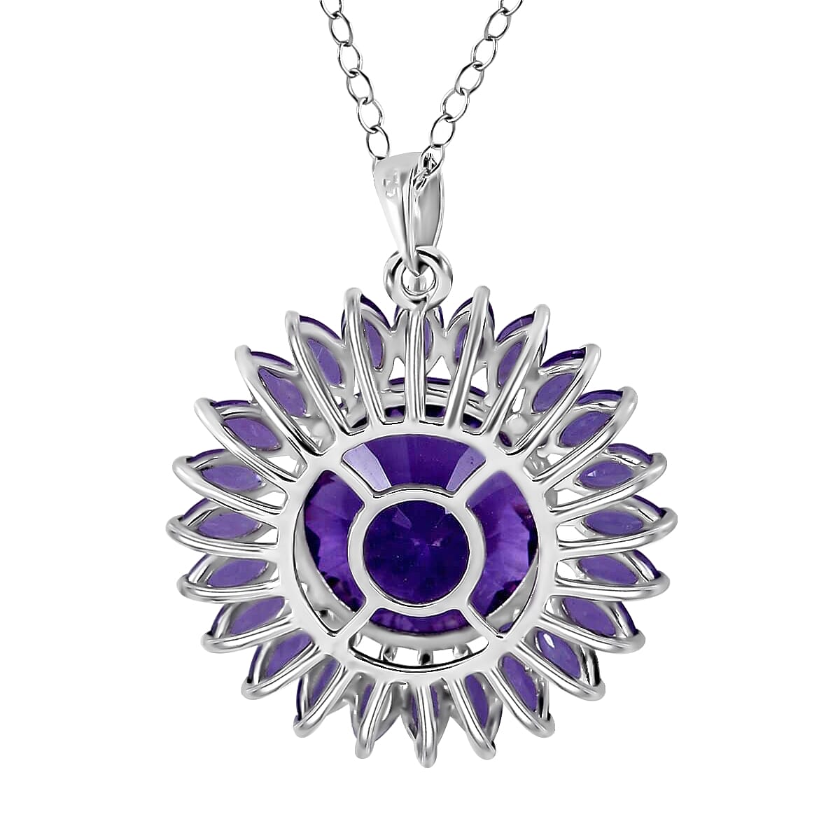 120 Facets African Amethyst Sunflower Pendant Necklace, 18 Inch Necklace in Platinum Over Sterling Silver, Amethyst Jewelry For Women 13.40 ctw