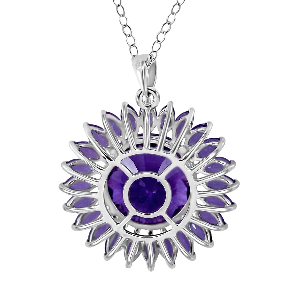 120 Facets African Amethyst Sunflower Pendant Necklace, 18 Inch Necklace in Platinum Over Sterling Silver, Amethyst Jewelry For Women 13.40 ctw image number 3