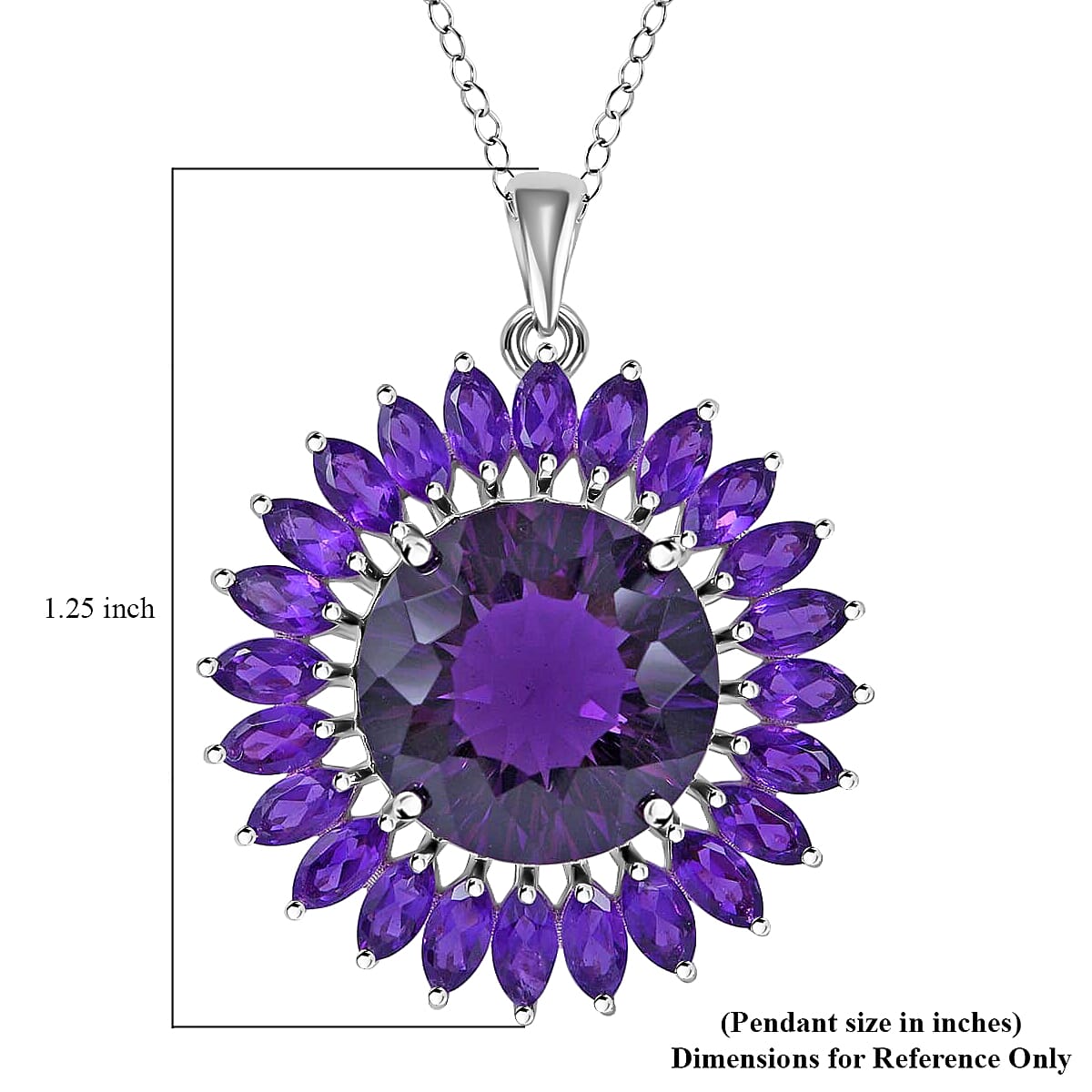 120 Facets African Amethyst Sunflower Pendant Necklace, 18 Inch Necklace in Platinum Over Sterling Silver, Amethyst Jewelry For Women 13.40 ctw