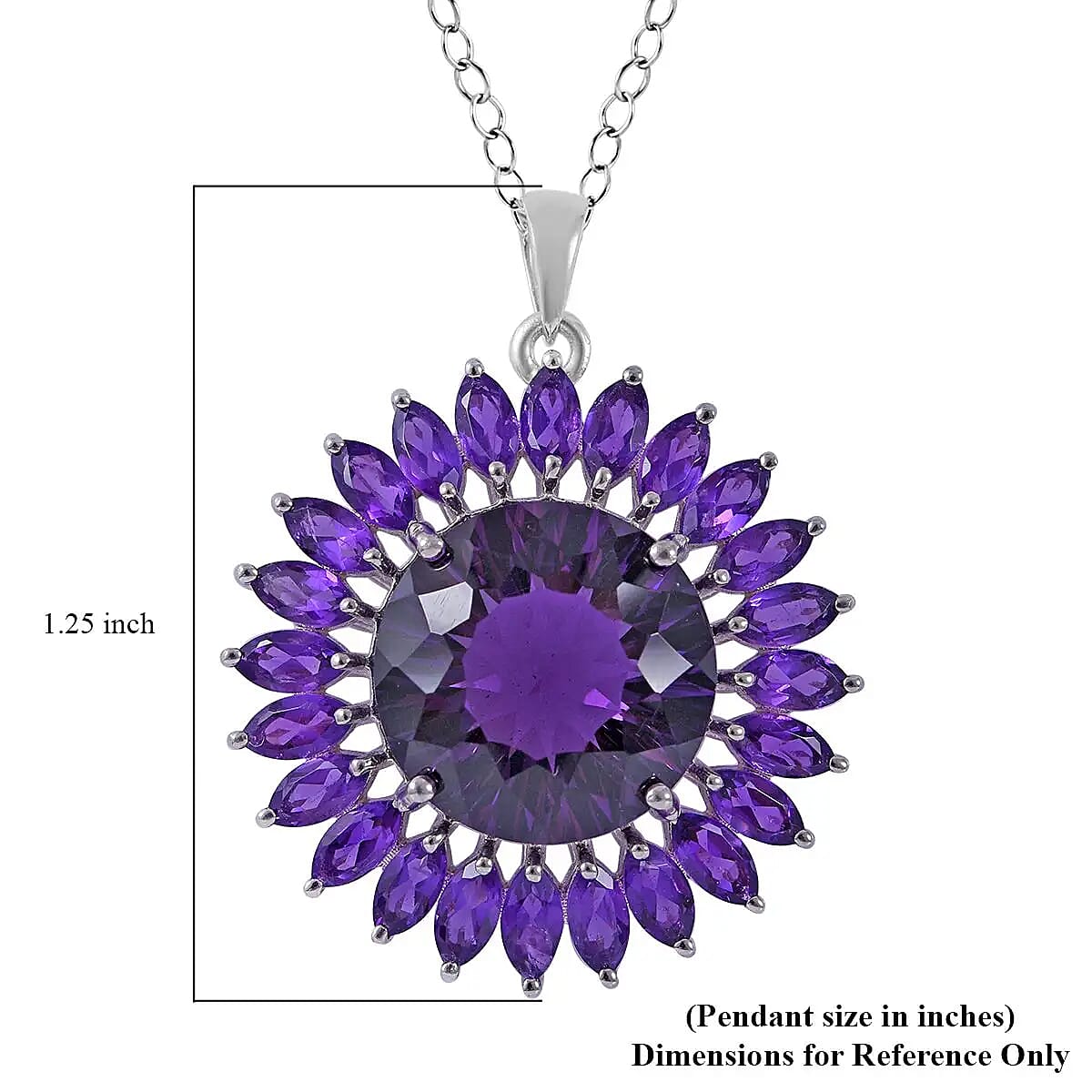 120 Facets African Amethyst Sunflower Pendant Necklace, 18 Inch Necklace in Platinum Over Sterling Silver, Amethyst Jewelry For Women 13.40 ctw