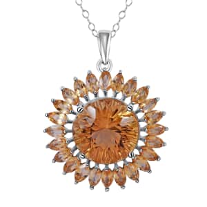 120 Facets Brazilian Citrine Sunflower Pendant Necklace, 18 Inch Necklace in Platinum Over Sterling Silver, Citrine Jewelry For Women 14.00 ctw