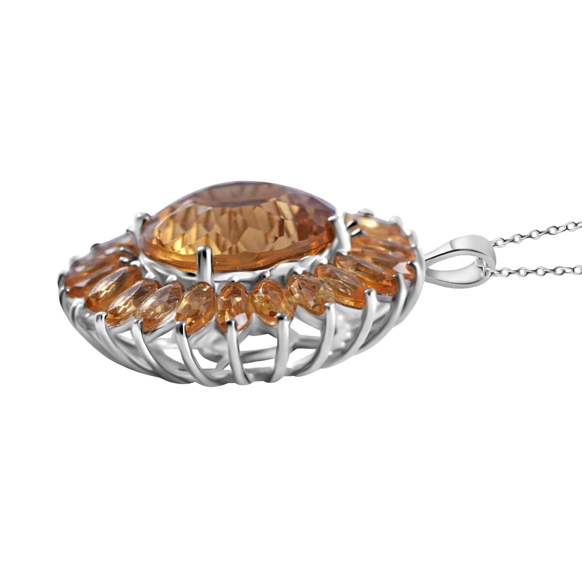 120 Facets Brazilian Citrine Sunflower Pendant Necklace, 18 Inch Necklace in Platinum Over Sterling Silver, Citrine Jewelry For Women 14.00 ctw image number 2