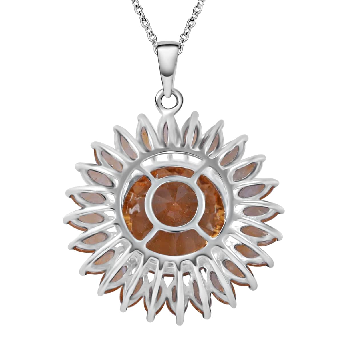 120 Facets Brazilian Citrine Sunflower Pendant Necklace, 18 Inch Necklace in Platinum Over Sterling Silver, Citrine Jewelry For Women 14.00 ctw image number 3