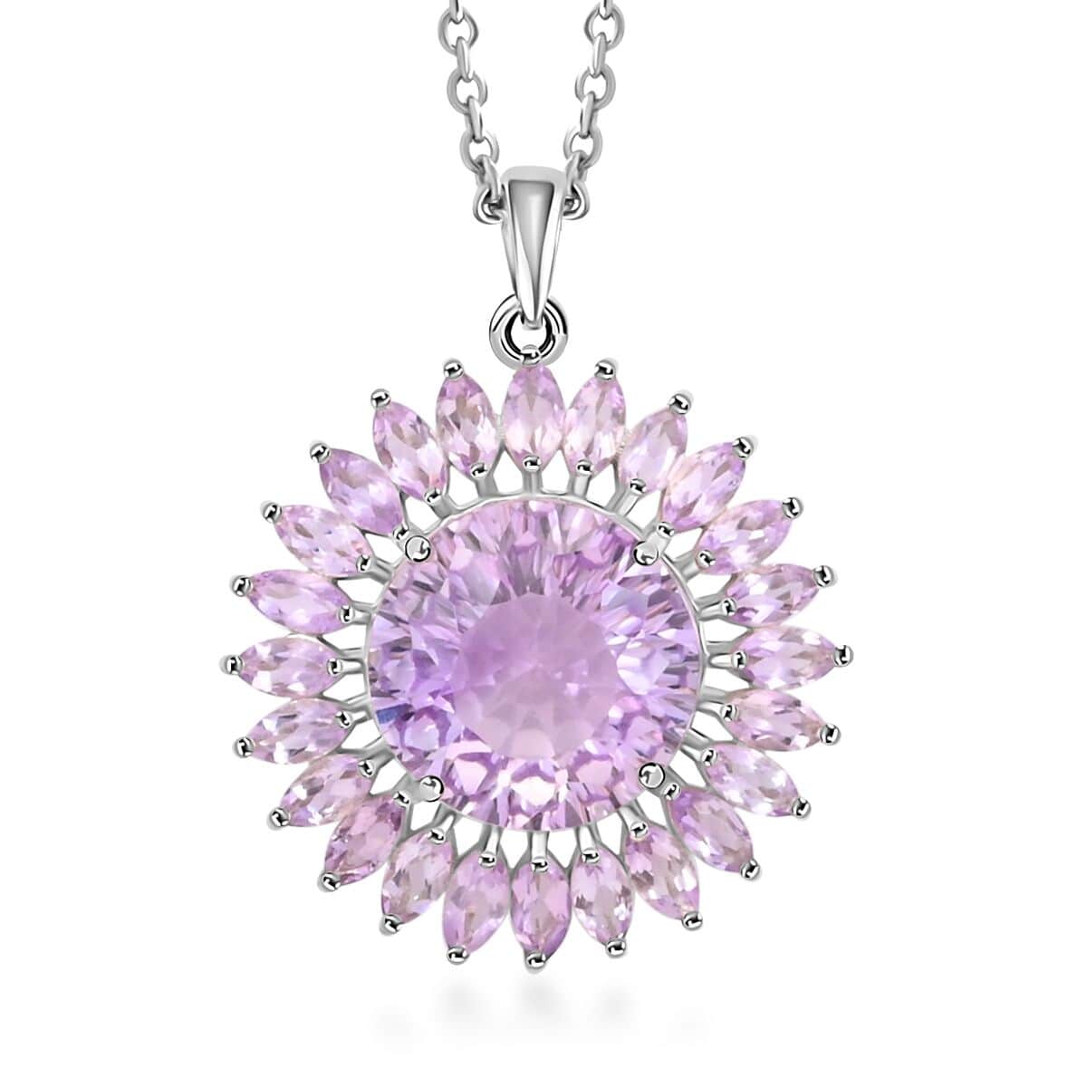 120 Facets Rose De France Amethyst Sunflower Pendant Necklace, 18 Inch Necklace in Platinum Over Sterling Silver, Amethyst Jewelry For Women 13.35 ctw image number 0