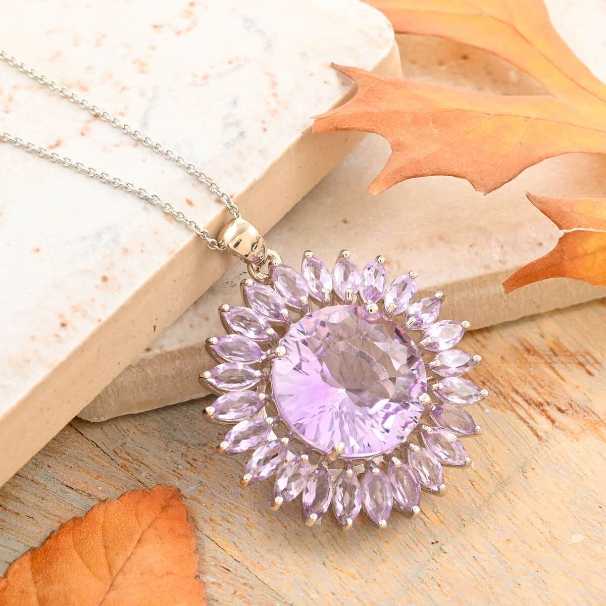 120 Facets Rose De France Amethyst Sunflower Pendant Necklace, 18 Inch Necklace in Platinum Over Sterling Silver, Amethyst Jewelry For Women 13.35 ctw image number 1