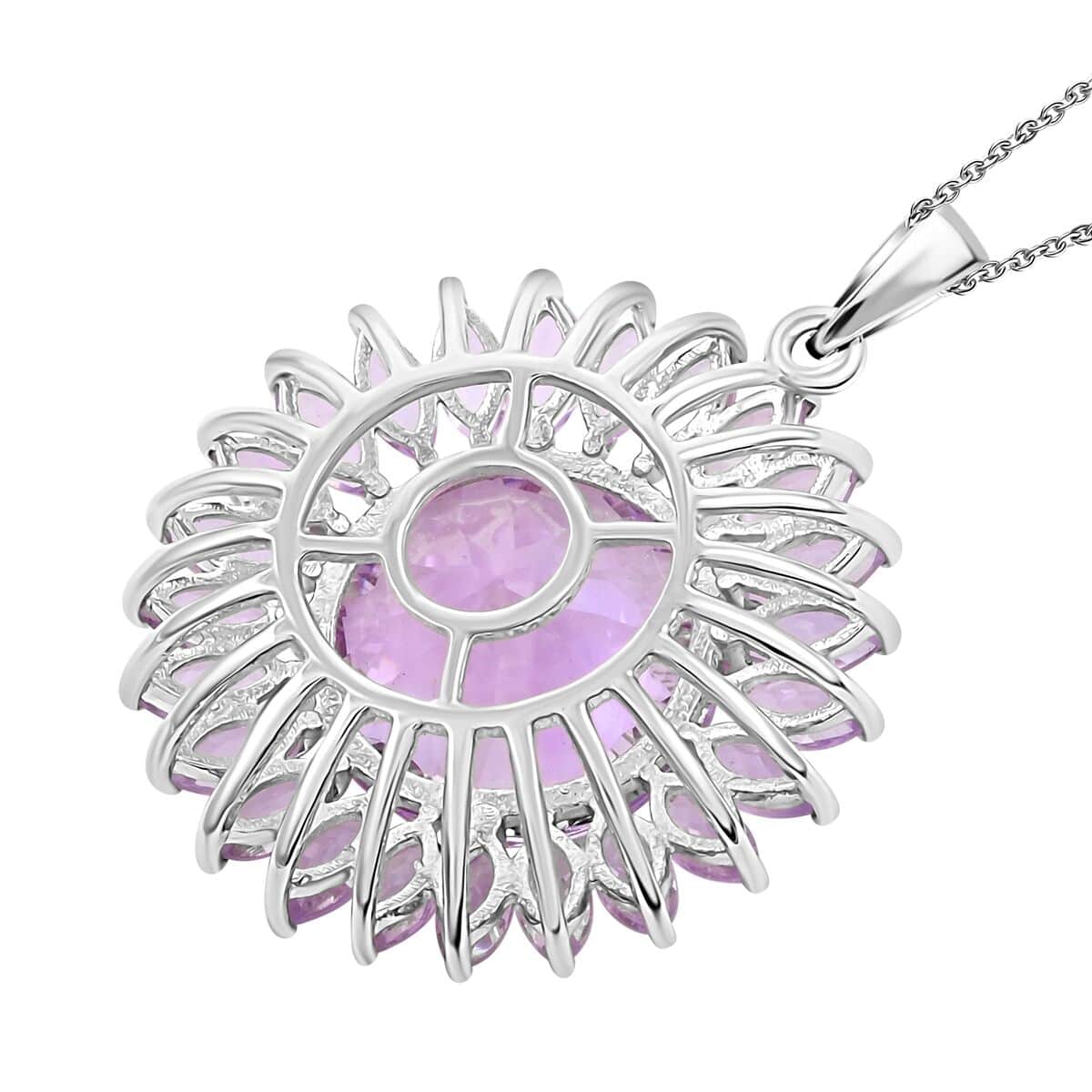 120 Facets Rose De France Amethyst Sunflower Pendant Necklace, 18 Inch Necklace in Platinum Over Sterling Silver, Amethyst Jewelry For Women 13.35 ctw image number 4