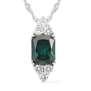 Simulated Emerald and Simulated Diamond Pendant Necklace 18-20.5In in Silvertone 3.75 ctw