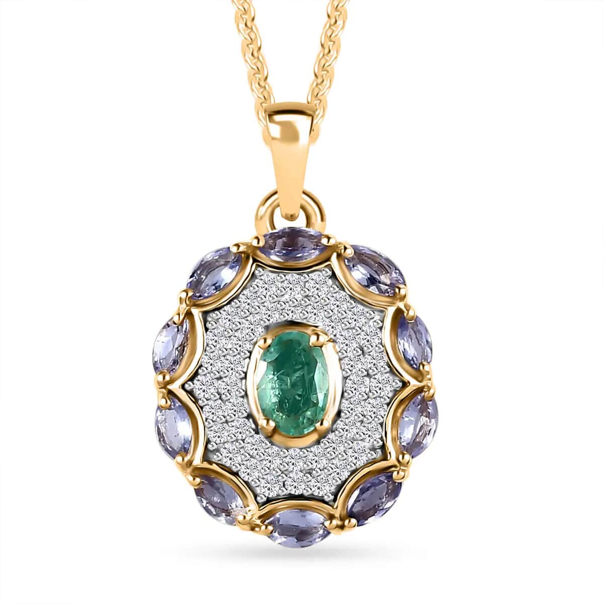 Ethiopian Emerald and Multi Gemstone Pendant Necklace 20 Inches in Vermeil Yellow Gold Over Sterling Silver 1.60 ctw image number 0