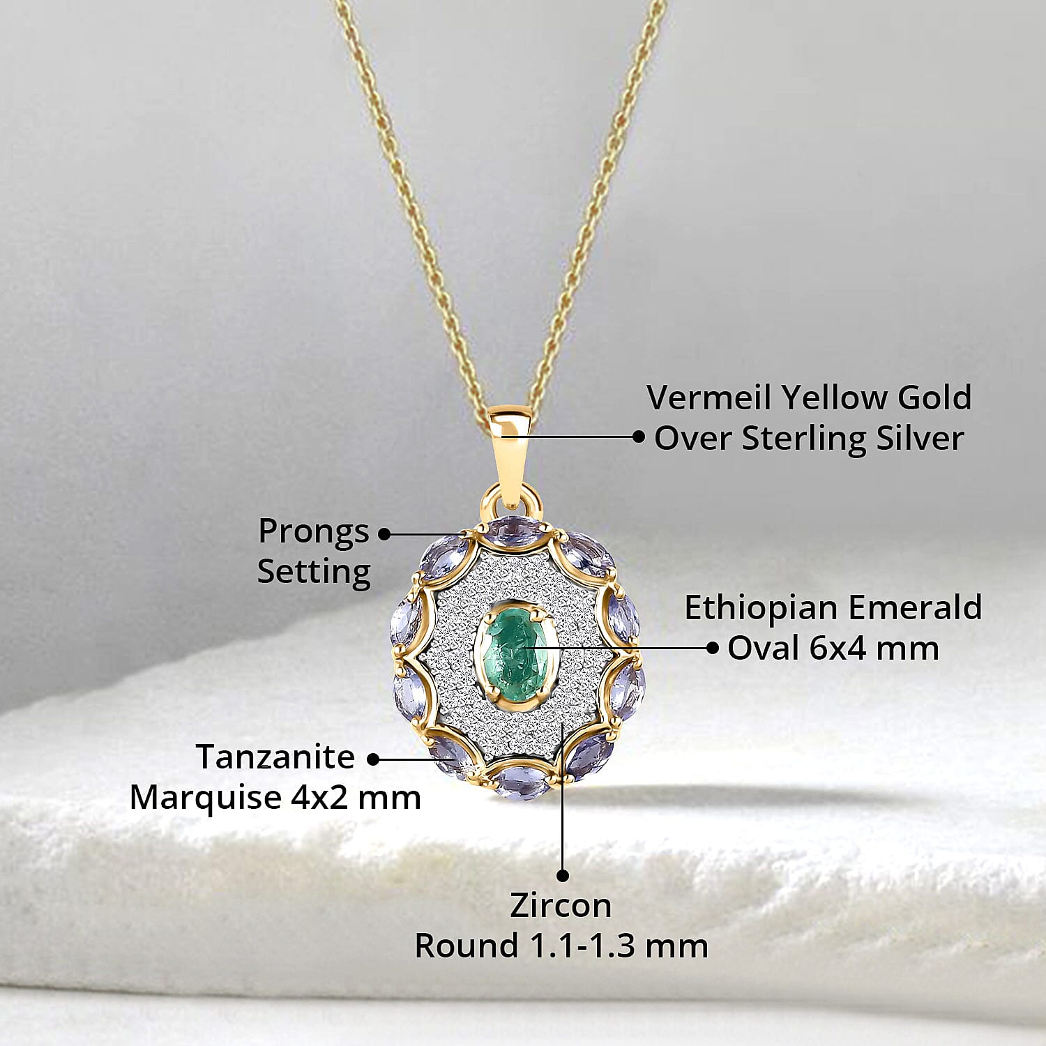 Ethiopian Emerald and Multi Gemstone Pendant Necklace 20 Inches in Vermeil Yellow Gold Over Sterling Silver 1.60 ctw
