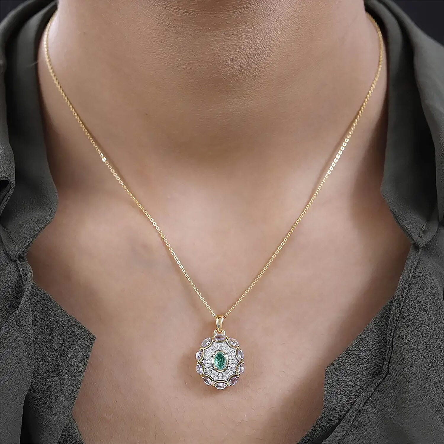 Ethiopian Emerald and Multi Gemstone Pendant Necklace 20 Inches in Vermeil Yellow Gold Over Sterling Silver 1.60 ctw