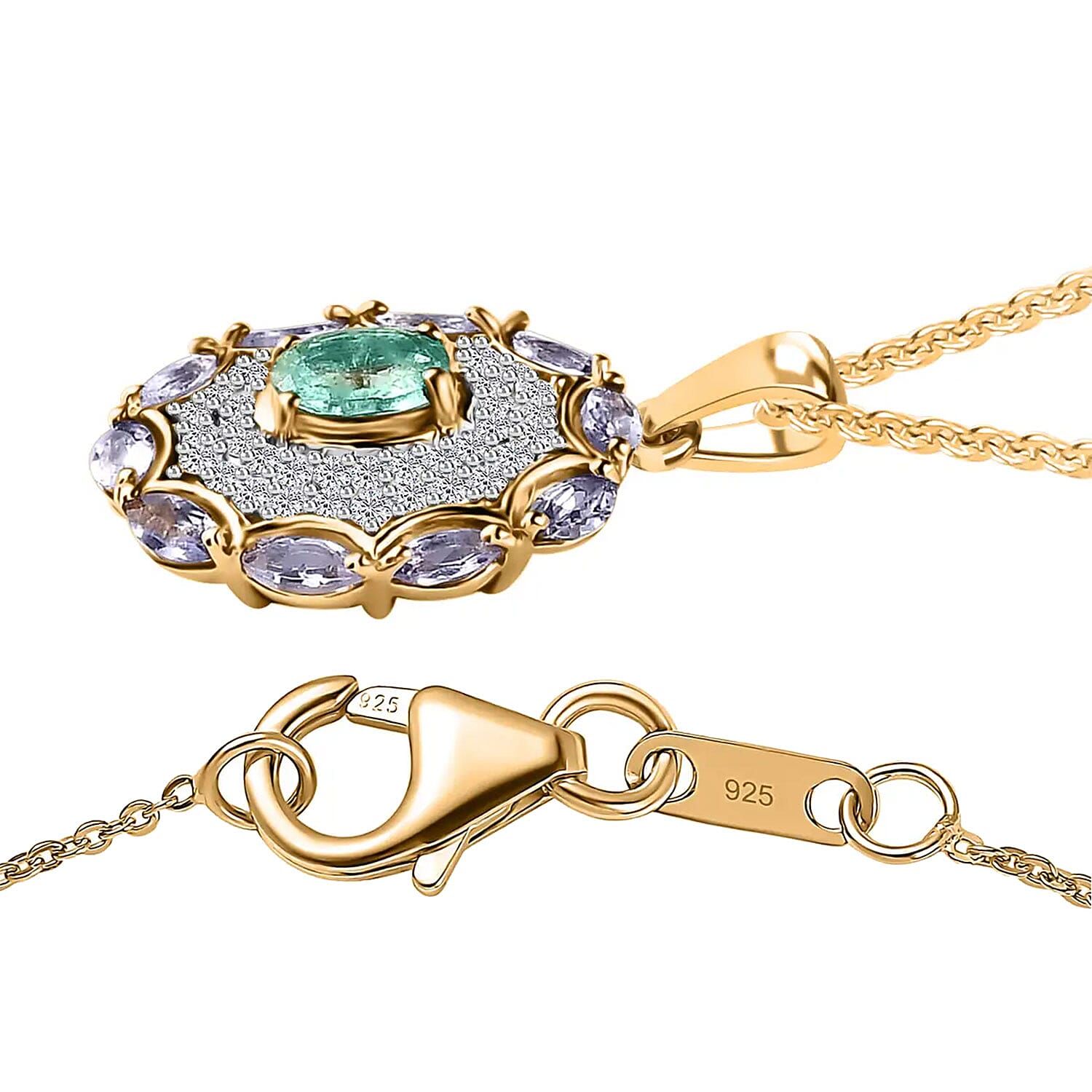 Ethiopian Emerald and Multi Gemstone Pendant Necklace 20 Inches in Vermeil Yellow Gold Over Sterling Silver 1.60 ctw