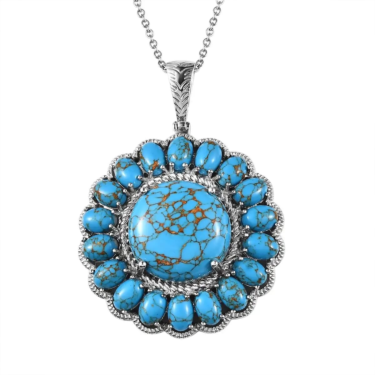 Karis Mojave Blue Turquoise 35.90 ctw Floral Pendant in Platinum Bond with Stainless Steel Necklace 20 Inches image number 0