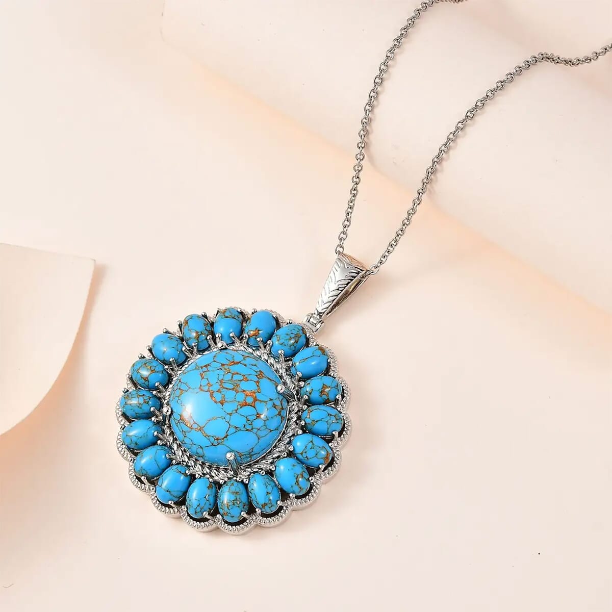Karis Mojave Blue Turquoise 35.90 ctw Floral Pendant in Platinum Bond with Stainless Steel Necklace 20 Inches image number 1
