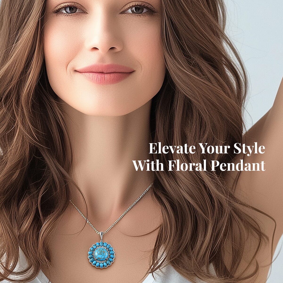 Karis Mojave Blue Turquoise 35.90 ctw Floral Pendant in Platinum Bond with Stainless Steel Necklace 20 Inches image number 2