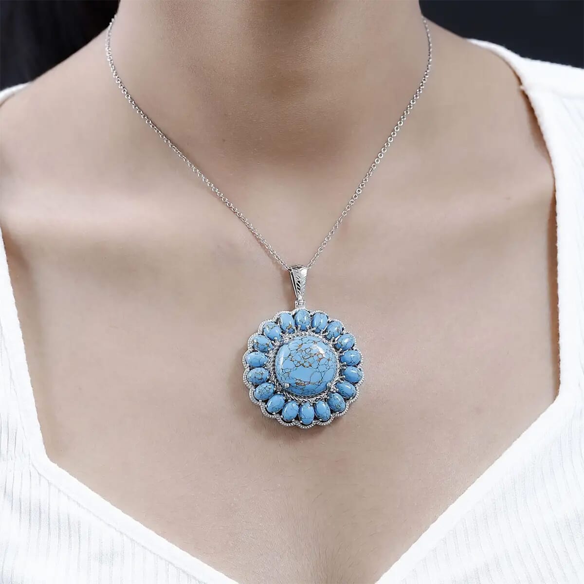 Karis Mojave Blue Turquoise 35.90 ctw Floral Pendant in Platinum Bond with Stainless Steel Necklace 20 Inches image number 7