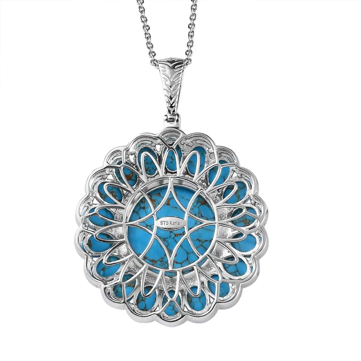 Karis Mojave Blue Turquoise 35.90 ctw Floral Pendant in Platinum Bond with Stainless Steel Necklace 20 Inches image number 8