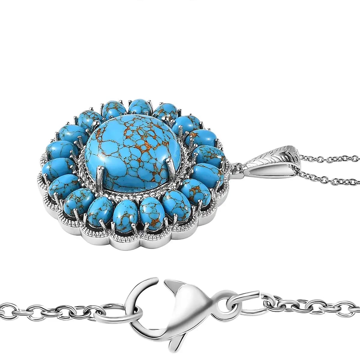 Karis Mojave Blue Turquoise 35.90 ctw Floral Pendant in Platinum Bond with Stainless Steel Necklace 20 Inches image number 9